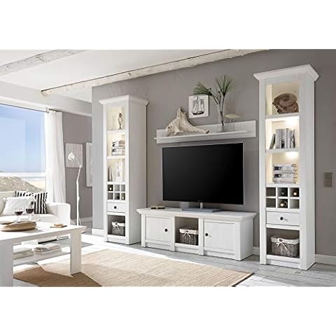 Newfurn Wohnwand Anbauwand Landhaus Wohnzimmerschrank Wohnlandschaft Mediawand Fernsehschrank II 268x207x 17-45 cm II in Pinie Weiß/Pinie Weiß Wohnzimmer Cover