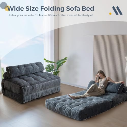 Image of MAXYOYO Folding Sofa Bed, Convertible Chair Bed with Pillow | Foldable Couch with Back Support, Portable Fold Out Chair Comfy Floor Sofa for Living Room Bedroom, Dark Grey, Double