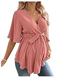 MakeMeChic Women's Maternity Nursing Blouse V Neck Wrap Ruffle Short Sleeve Belted Pregnancy Shirt Business...