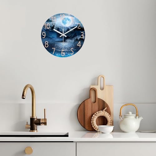 Image of XFM Moon Forest Deer 14 Inch Silent Blue Glass Wall Clock