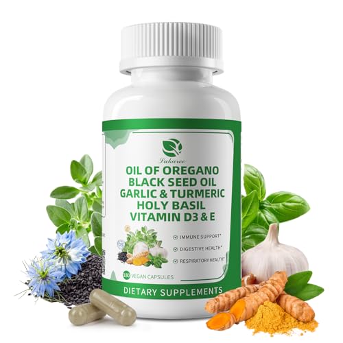 Organic Oil of Oregano Capsules with Black Seed Oil, Garlic, Turmeric, Holy Basil, Vitamin D3, E & Black Pepper for Better Absorption – Immune, Digestive & Respiratory – Vegan, Non-GMO, 6 Month Supply
