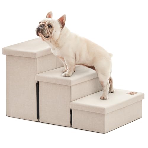 Love's cabin Dog Stairs for High Bed 18" H,Foldable Pet Stairs for Small Medium or Large Dogs Puppy with Storage for Bed or Couch, Cat Dog Steps Ramp with Zip up to 200 lbs(Beige,3 Steps no Condo)