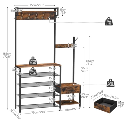 HOOBRO-Hall-Tree-Entryway-Coat-Rack-Shoe-Bench-Shoe-and-Coat-Rack-for-Entryway-Hall-Tree-Coat-Rack-with-Non-Woven-Fabric-Drawer-for-Entrance-Foyer-Rustic-Brown-and-Black-BF113MT01