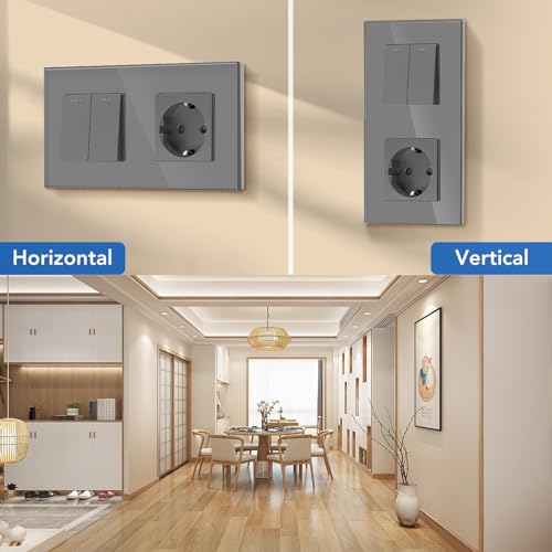 BSEED Lichtschalter Mit Steckdose 2 Fach 1 Weg - 10A Kristall Glas Platte Wandschalter Mit 16A Schuko Steckdose Grau - Physische Unterputz Wandschalter 157mm