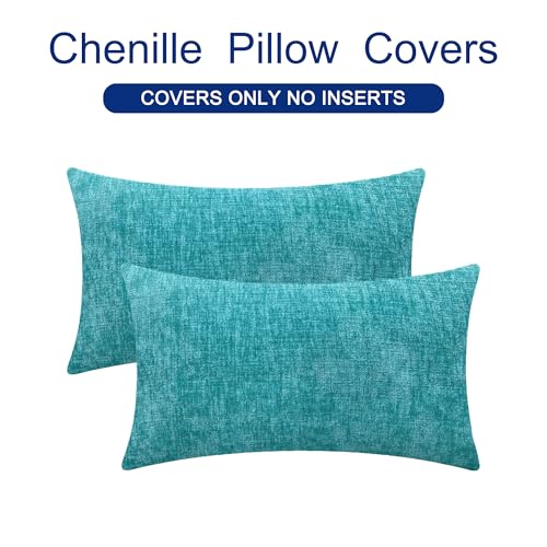 Image of CaliTime Pack of 2 Cozy Bolster Pillow Covers Cases for Couch Sofa Home Decoration Solid Dyed Soft Chenille 12 X 20 Inches Lake Blue
