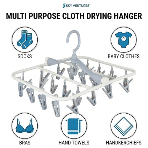 Image of Premium Cloth Drying Hanger Rack(24 Clips) 360 Degree Portable & Rotatable Clips,Baby Clothes Hanger, Foldable Hanger (Grey)