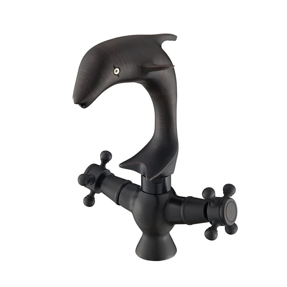 ALYHYB Grifo negro con diseño de delfín de un solo agujero para lavabo de baño caliente y frío retro negro cobre para el cuarto de baño del hotel, balcón, inodoro (tamaño pequeño: