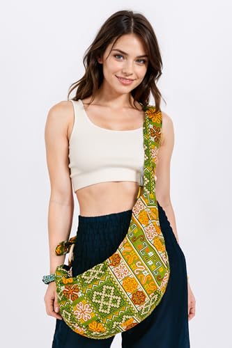 Image of Hobo Crossbody Bag for Women - Handmade Cotton Boho Purse with Wooden Ring | Lightweight Slouchy Shoulder Sling Tote Bag