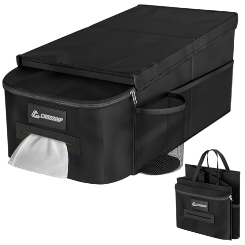 CROSSHIP Car Seat Organizer - Kids Car Organizer Between Seats, Front with Tissue Box & Cup Holder, 1680D Oxford for High Strength Road Trip, Cross-country Driving No Damaged