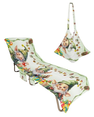 Christmas Gnomes Beach Chair Towel Covers for Chaise Lounge with Side Pocket, Soft Plush Pool Towels Cover for Patio Sunbathing Outdoor 29''x85'' Green Forest Pine Leaves Cone