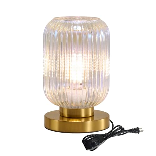 Dimmable Colorful Glass Table Lamp: Mid Century Modern Nightstand Light With Stained Shade - Small Decorative Brass Desk Lamp - Ribbed Glass Bedside Tables Lamps for Bedroom Living Room Bulb Excluded by Feasey - Used condition - US$48.00