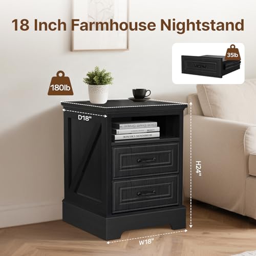 Image of Eongdon Nightstand with Charging Station, 18 inchW x 24 inchH Farmhouse Rustic Bedside End Table , 2 Storage Storage Drawers & Open Compartment, Wooden Side Cabinet for Bedroom, Entryway, Living Room (Black)