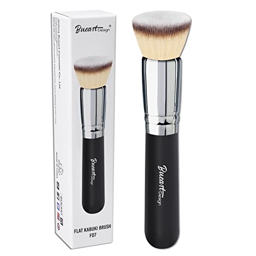 Bueart Design Ultra Soft Dense Luxe Bristle Flat Top Buffing Foundation Makeup Brush Premium Quality Kabuki Make Up Brush For Liquid, Cream, Mineral Powder -Blending, Flawless Heavenly Face Brush It Black&Silver Natural Hair Makeup Brushes #TOP13