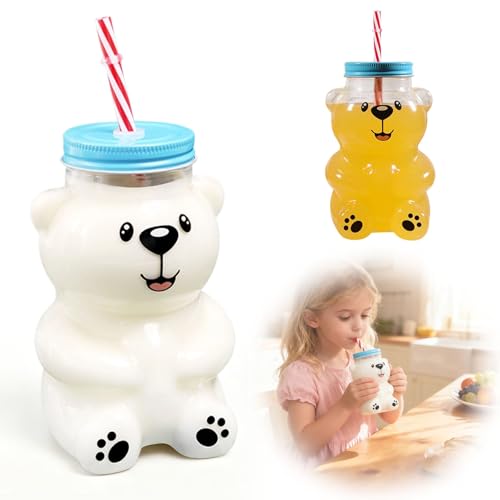 Image of Bear Glass Cup, Cute 20oz Bear Straw Cup with Lid, Reusable Party Mug for Iced Coffee, Milk Tea, Hot/Cold Drinks, Home & Office Use (Blue)