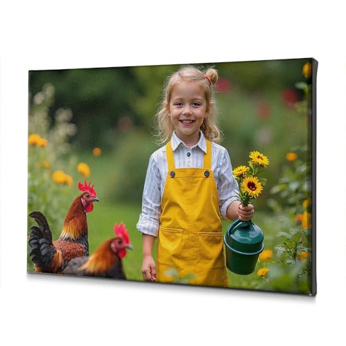 Toile salon rustique avec fille joyeuse et poules