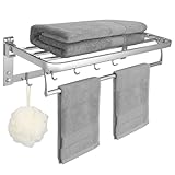 23 Inch Towel Rack with Towel Bar Holder SUS304 Stainless Steel Foldable Towel Shelf with 5 Hooks for Bathroom & Lavatory Wall Mounted (Brushed Nickel)