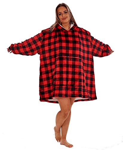 Image of KL755 - Red/Black Buffalo Check - Fully Lined Hooded Lounger - AOP - Adult Size