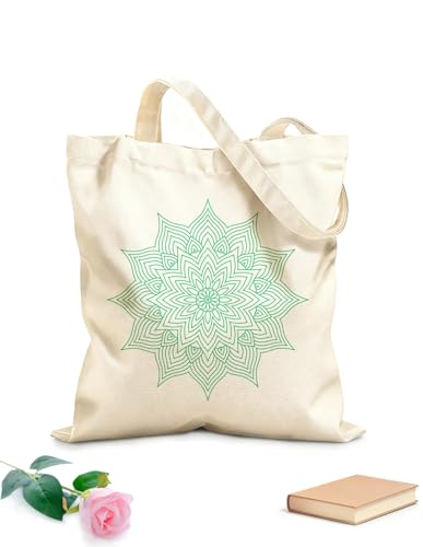 XIARON Bolsos de hombro de lona de algodón patrón de mandala abstracto arte lineal de mandala Tela de 340g/m² de grosor Se usa como bolsa de herramientas M Verde azulado