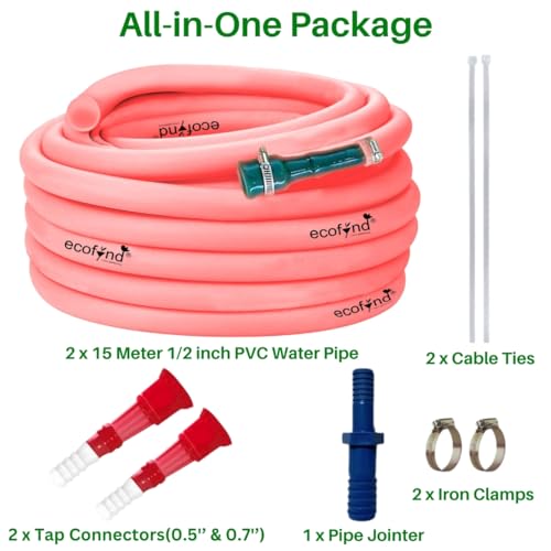 Image of ecofynd 30 Meter /100 Feet, 1 /2 Inch Flexible PVC Pink Water Pipe, Heavy Duty Long Pipes with Hose Connectors & Clamps, Home Garden, Car Wash, Floor Clean, Park Cleaning, Outdoor Indoor Use