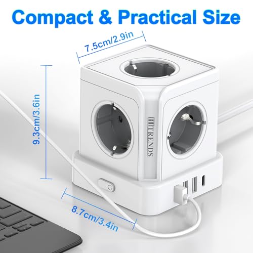 Wieża z gniazdem USB i typu C, kostka zasilająca USB C, biała, listwa zasilająca z 5 gniazdami z przełącznikiem, 3 USB-A i 1 USB-C, kabel 2 m, do biura, domu