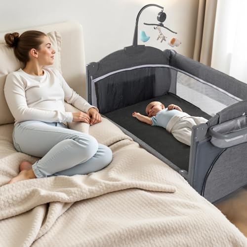 Image of 5 in 1 Baby Bassinet, Bedside Cribs, Pack and Play Changing Table, Portable Travel Baby Bassinet Toys & Music Box,Mattress for Girl Boy Infant Newborn (Grey)
