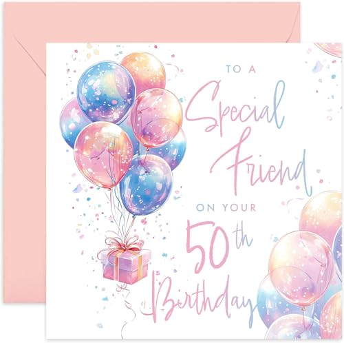 Special 50th Birthday Cards for Female Friend, Fifty Milestone Gifts for Women, Pastel Colour Balloons and Presents Designed for Her, Colourful Design, Cute Birthday Present for Her