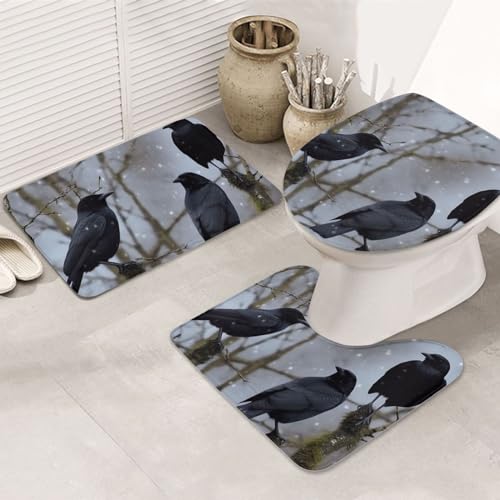 Dwrepo Black Crow Birds Print Bathroom Rug Set 3 Piece with Non-Slip U-Shaped Contour Mat and Toilet Lid Cover for Bathroom Decoration