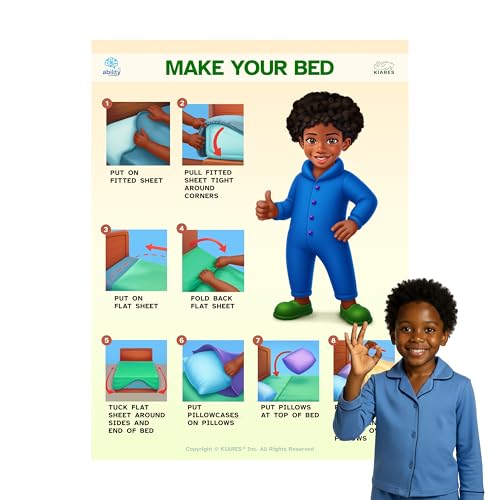 KIARES Daily Routine Chart for Kids, How to Teach Life Skills, Making The Bed for Toddlers, Cleaning Childrens Room, Morning & Evening Routines (African American Boy)