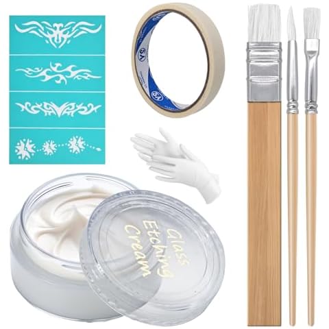 Etching Cream Kit for Glass, Etching Paste for Kit, DIY Art Craft Supplies Create Permanently Stunning, Bundled with 3 Application Brushes, 1 Paper Tape, 1 Nitrile Gloves, 1 Silk Screen Label Cover