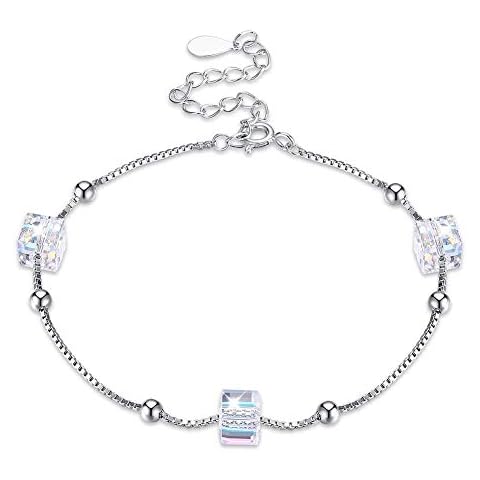 Zolkamery Bracelets for Women, 925 Sterling Silver Crystal Bracelet with 3 Cube Crystal, 17cm + 5cm Adjustable Silver Ball Chain, Friendship Birthday Valentine's Day Best Jewellery Gift for Ladies Cover