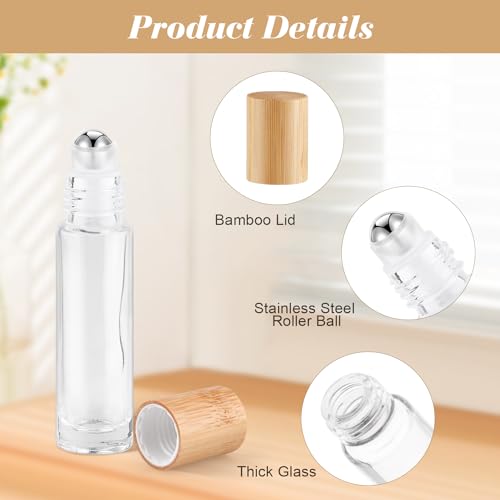 20 Pcs 10ml/0.34oz Roll On Bottles Clear Glass Essential Oil Roller Bottle Refillable Perfume Sample Bottles with Bamboo Lids & Stainless Steel Roller Ball -1 X Opener & 2 X Pipettes3