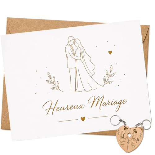 Cadeau Mariage, Carte Félicitations Mariage avec Enveloppe Kraft, Porte-Clés en Bois Séparable en Cœur pour Couple, Idée Cadeau de Mariage, Carte Mariage Félicitation pour les Mariés, Anniversaire