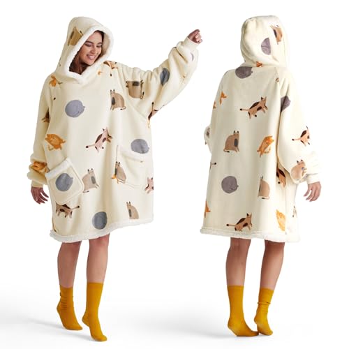 Bedsure Wearable Blanket Hoodie, Sherpa Hooded Blanket Printed for Adult & Kids as Gifts for Women, Mom Gifts Sherpa Hoodie, Standard, Cat, Light Beige