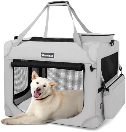 （16:30時点） Totoro ball ソフトクレート 中型犬 犬用クレート 犬用キャリーバッグ 犬 キャリーケース 折りたたみ 犬 車用ケージ 5面メッシュ 頑丈耐久 ロック付き 給水ボトルバンド付き 中型犬・猫2匹 15kgまで『トランク、旅行、避難、室内外兼用！』 (ライトグレー, L（70L x 52W x 52H cm）)