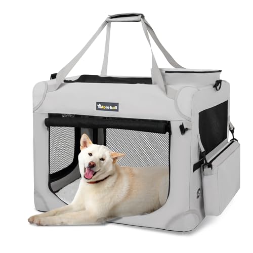 Totoro ball ソフトクレート 中型犬 犬用クレート 犬用キャリーバッグ 犬 キャリーケース 折りたたみ 犬 車用ケージ 5面メッシュ 頑丈耐久 ロック付き 給水ボトルバンド付き 中型犬・猫2匹 15kgまで『トランク、旅行、避難、室内外兼用！』 (ライトグレー, L（70L x 52W x 52H cm）)
