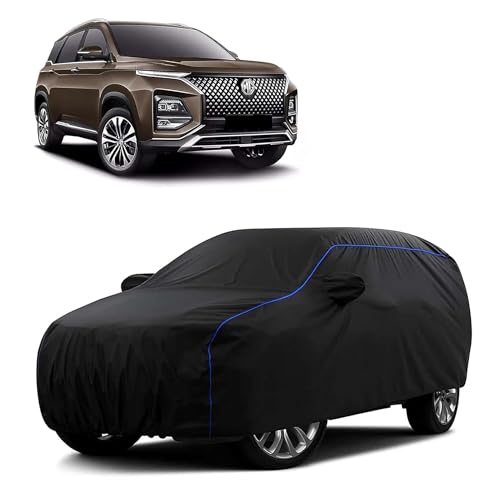 Image of Sulfar 100% Water Resistant Car Body Cover Compatible with Mirror for MG Hector (Triple Stitched, Full Bottom Elastic, Black Tafetta with Blue Piping)