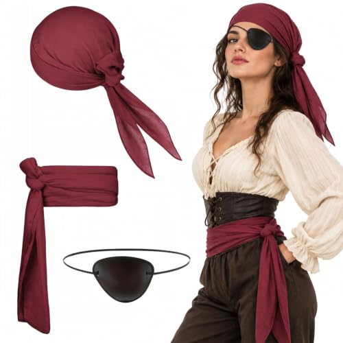 BORISCA 3 Pièces Deguisement Pirate Femme Homme Halloween Accessoire Pirate | Costume Pirate Femme Homme Cache Oeil Pirate Bandana Ceinture Deguisement Halloween Costume, pour Carnaval Fête