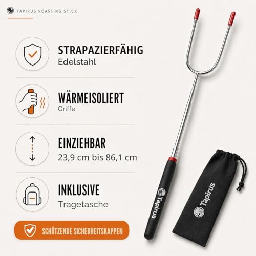 Tapirus 4 Ausziehbare Camping-Sticks zum Marshmallow-Braten, langlebige Edelstahl-Ausrüstung, Grillspieße mit isolierten Griffen, Teleskop-Gabeln, Utensilien für Smores, Hot Dogs & Shish-Kebabs
