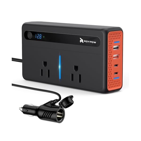 RoyPow 300W Car Power Inverter, DC 12V to 110V AC Power Inverter with Cigarette Lighter Socket, Car Plug Adapter Outlet with 3.4A USB-A, QC3.0 24W, PD 30W, PD 36W, Dual AC Outlets, Car Charger Adapter