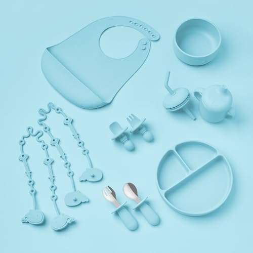 Navik | Set vajilla bebe de silicona 12 piezas | Contiene plato ventosa dividido | vaso aprendizaje | juego cucharas | cuenco | babero | +6 meses | Azul — imagen 3