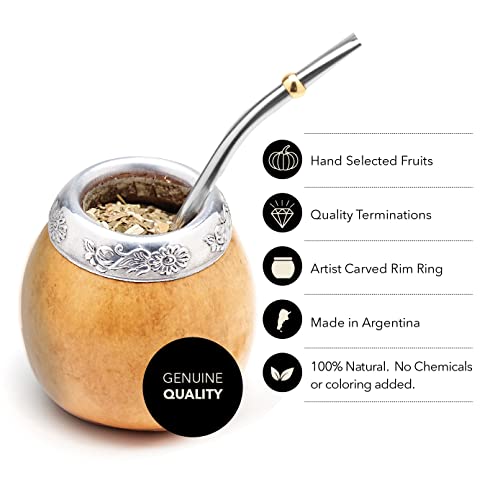Image of BALIBETOV Yerba Mate Gourd Set - Original Natural Handmade Yerba Mate Cup from Argentina, Includes Mate Tea Cup, Bombilla (Mate Straw) and Cleaning Brush, Traditional Mate Cup Gift Set