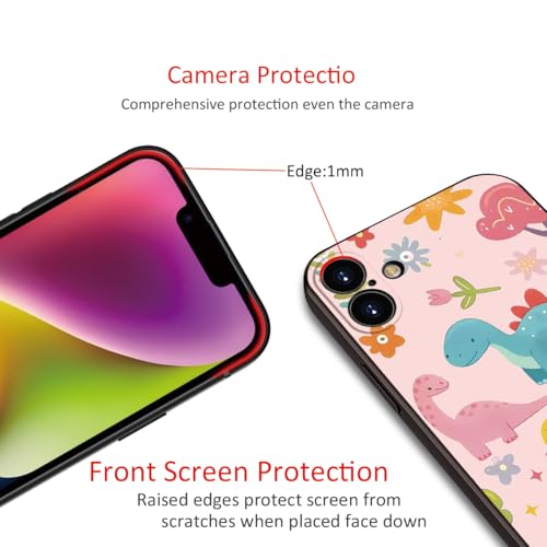for iPhone 16 Case Dinosaur Cartoon Cute Pink Phone Case - 3 Colorful Dinosaurs with Flowers & Rainbow Design, Playful & Stylish Protective Cover for Girls & Women (B1-Cartoon Cute Dinosaurs)