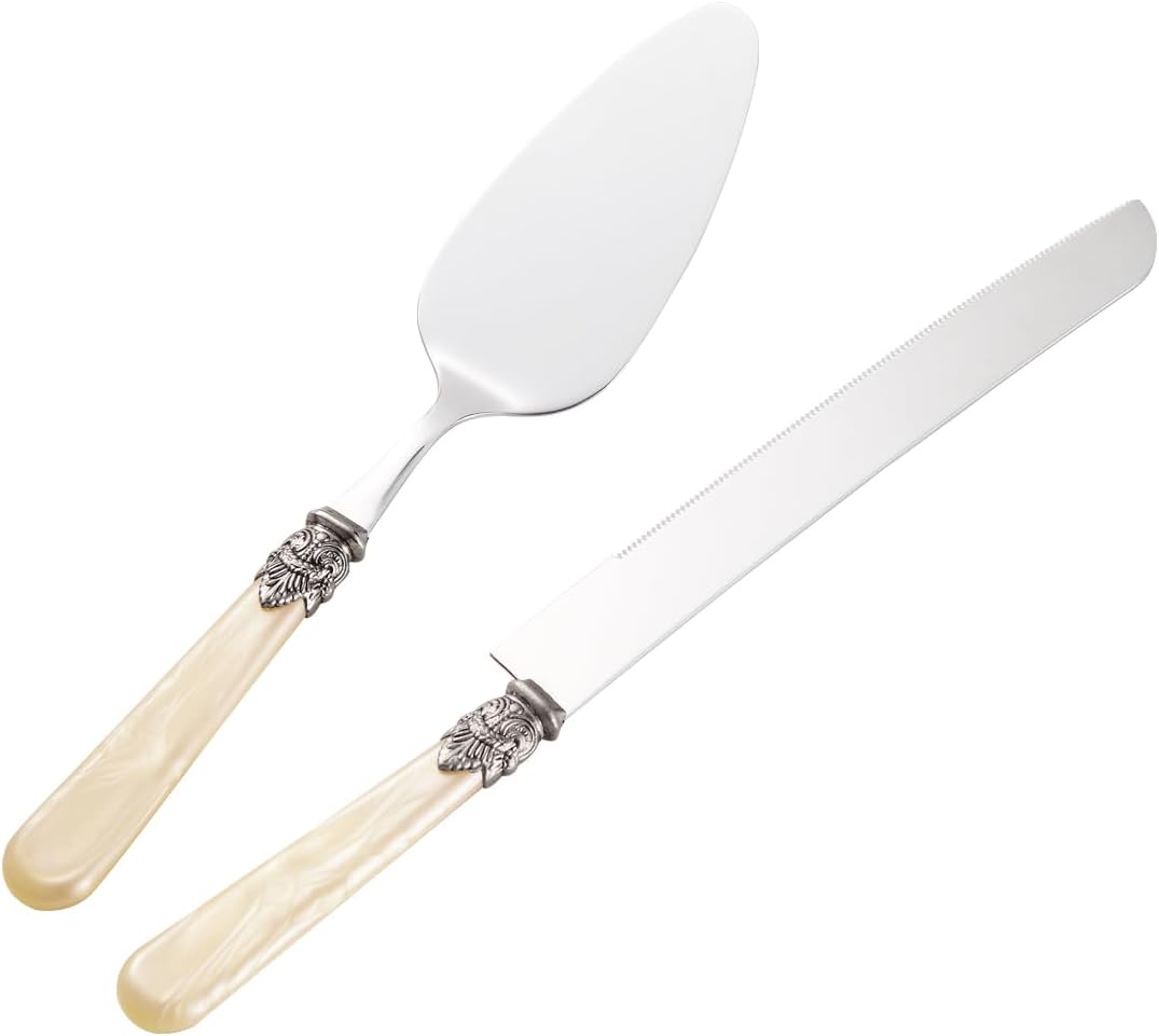 2-piece Cake Knife and Serve Set, Fancy Hand Craft Italian Design, Vintage Pie Knife Server Set with Handle, Cake Cutter Set (White)