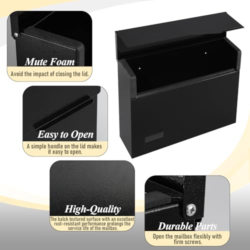 Image of xydled Large Wall Mount Mailboxes for Outside,Hanging Metal Mail Box, Black | Textured Steel Modern Post Box Drop Box for Outdoor House Home, ideal for magazines and mail storage, 14.6''x12.2''x4.1''