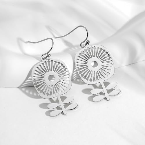 Trendy Boho Earrings, Silver Stainless Steel Bohemian Flower Earrings, Dangle Antique Retro 60s 70s Scandinavian Floral Jewelry for Women by PUSOMU - Used condition - Image 4