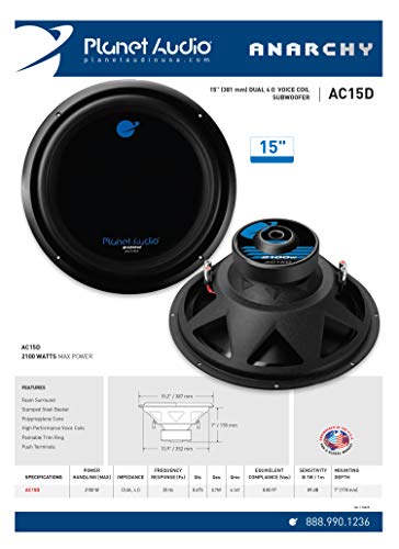 Planet Audio Ac15D Car Subwoofer - 2100 Watts Maximum Power, 15 Inch, Dual 4 Ohm Voice Coil, Easy Mounting, Sold Individually #TOP4