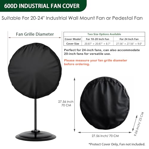 Image of Wall Mount Fan Cover, 24 Inch Industrial Fan Cover, 600D Waterproof & Dustproof for Wall Mount, Pedestal Fans Protection with Zipper and Securing Strap