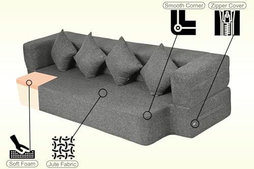 Image of Rosebell Flipper Three Seater | 70 X 46 X 9 | Foldable Sofa Cum Bed with Washable Fabric Four Cushions for Living Room - Grey-Color