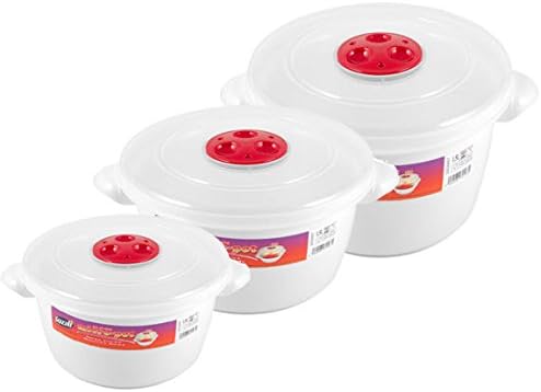 bs Pack of 3 Microwave Heating Food Cooking Pot Container with Ventilated Lid 1.5L, 2L & 3L