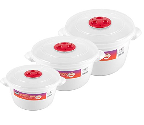 bs Pack of 3 Microwave Heating Food Cooking Pot Container with Ventilated Lid 1.5L, 2L & 3L